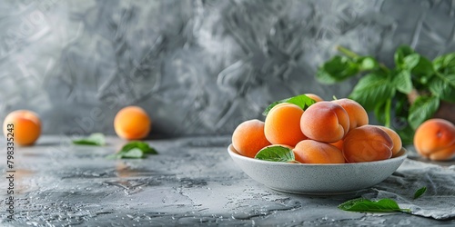 Fresh apricots arranged in a ceramic bowl on a wet  textured surface  with scattered basil leaves around.