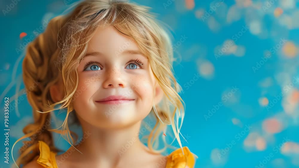 Little girl blonde in a pink dress catches confetti smiling happy on festive background, holiday concept. A child is celebrating a birthday party Little girl blonde in a pink dress catches confetti smiling happy on festive background, holiday concept. A child is celebrating a birthday party