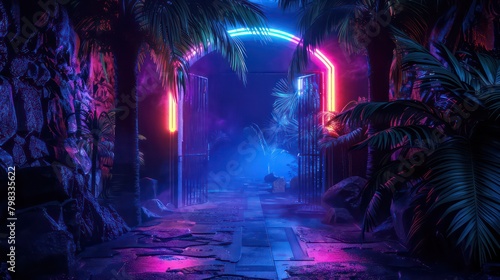 Entrance to dark room with neon lights and palm tree