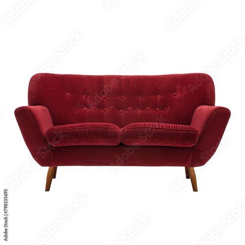 Red velour luxury upholstered sofa with rivets on transparent background 