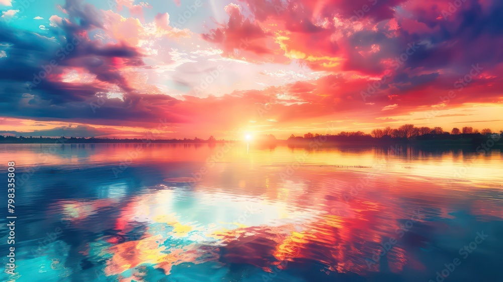 Vibrant sunset over a serene lake, with colorful reflections shimmering on the water Vibrant sunset over a serene lake, with colorful reflections shimmering on the water