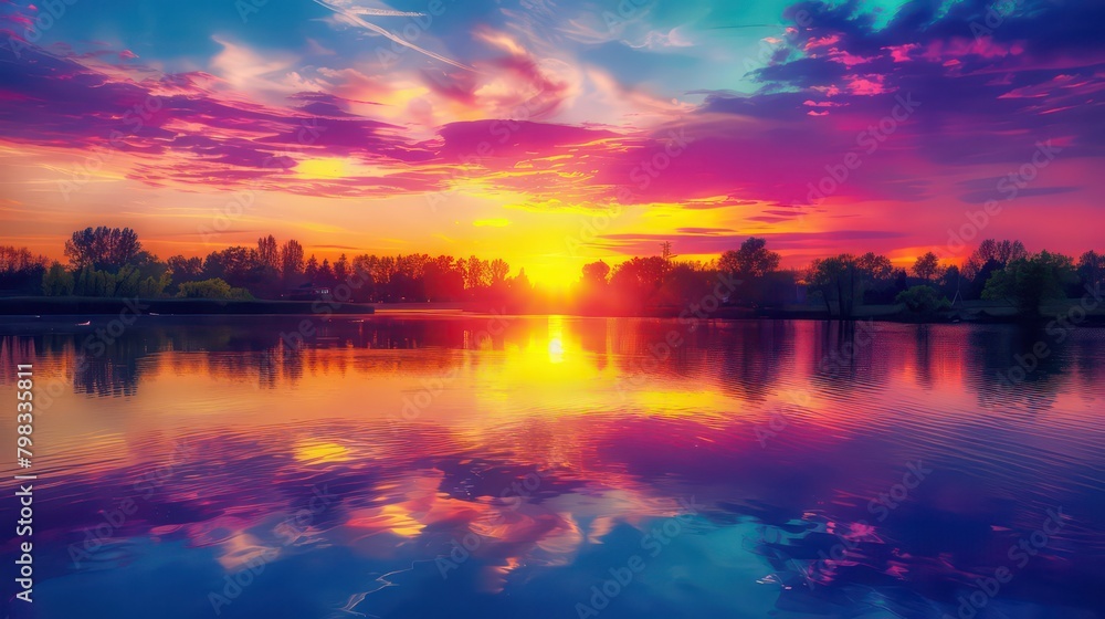 Obraz premium Vibrant sunset over a serene lake, with colorful reflections shimmering on the water
