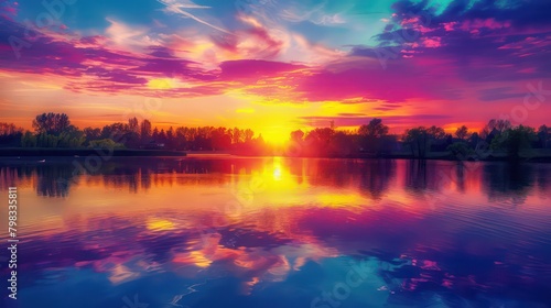 Vibrant sunset over a serene lake, with colorful reflections shimmering on the water