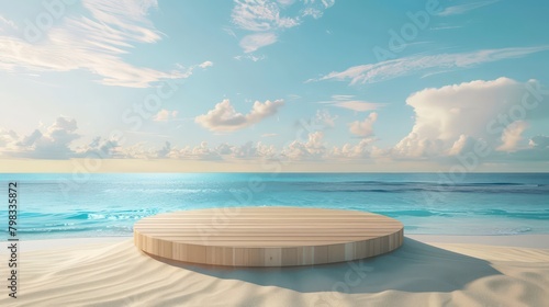 Beach podium summer background sand product 3D sea display platform. Beach podium. Summer banner