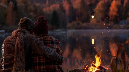 The warmth of the fire brings a sense of comfort as the couple cuddles up together enjoying the peacefulness of nature. 2d flat cartoon. photo