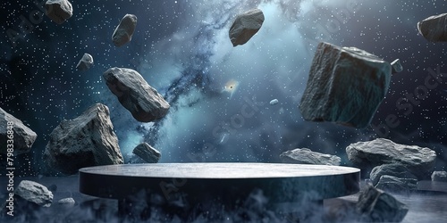 empty podium, floating abstract stones, outer space sky background