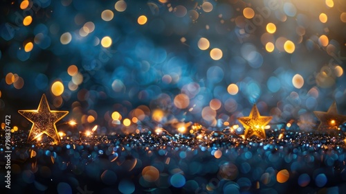 Golden stars backdrop bokeh festive holidays christmas new years blue sparkle decoration detail wallpaper banner