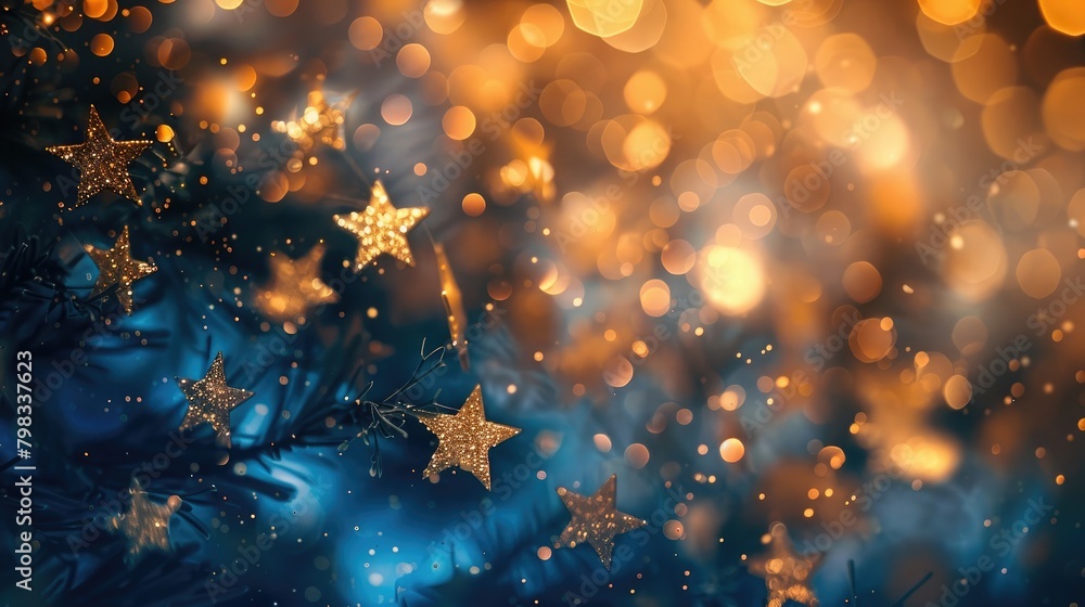 Golden stars backdrop bokeh festive holidays christmas new years blue sparkle decoration detail wallpaper banner