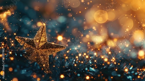 Golden stars bokeh festive holidays christmas new years blue sparkle decoration detail wallpaper banner