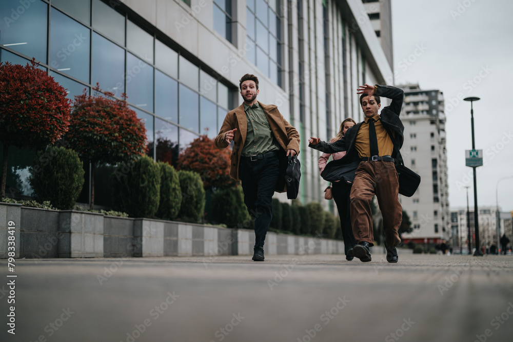 Obraz premium Three business professionals in stylish outfits running energetically outdoors with an urban backdrop, conveying urgency and dynamism.