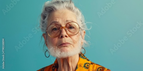 cute pretty old woman in very expensive clothes with a beard. Problem with face hair at menapaused hormones photo