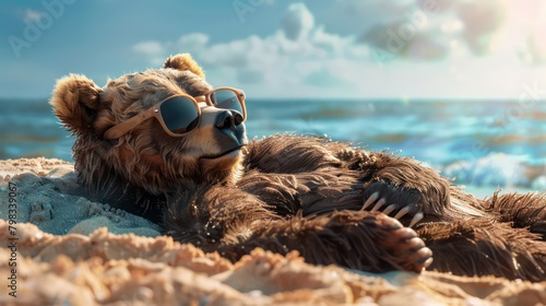 Cool Bear sunbathing with glasses on the beach