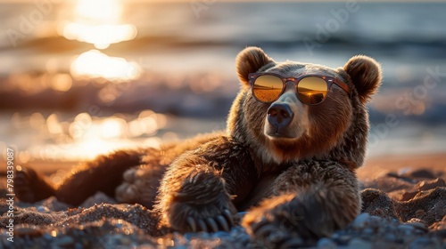 Cool Bear sunbathing with glasses on the beach
