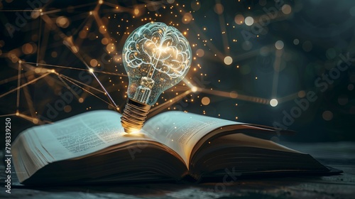 A visionary tableau featuring a glowing light bulb over an open book, with neural connections leading to a holographic brain, symbolizing the fusion of ideas and technology