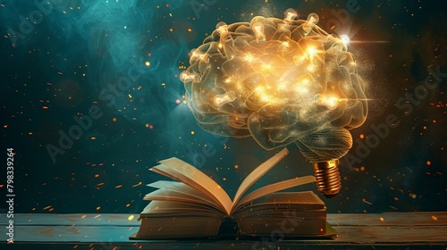 An abstract composition of a brain formed by a cluster of light bulbs, with a book at the base and digital elements symbolizing the leap into future technologies