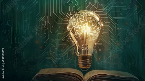Artistic depiction of a light bulb reflecting the pages of a book within its glass, with digital circuits and a brain outline in the backdrop,  photo