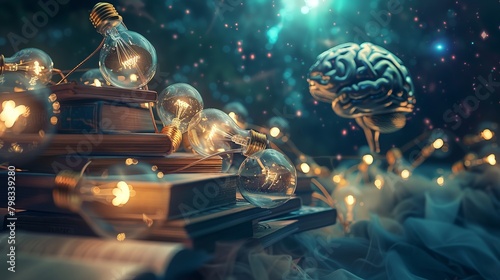 Complex network of glowing light bulbs leading from a pile of books to a luminous brain, set against a backdrop of space-age technology, embodying the evolution of ideas