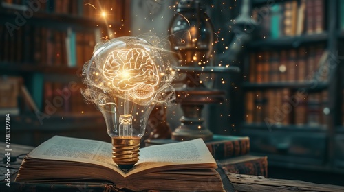 A surreal image of a light bulb with filaments shaped like a brain, hovering above an ancient book, encircled by modern tech gadgets, portraying the blend of old knowledge and new insights