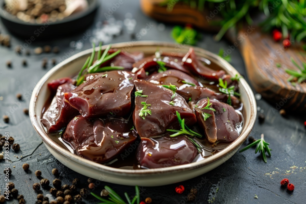 Raw fresh pork liver, kidneys, heart on the table. Offal. Ready to cook