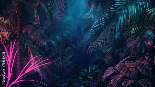 Dark jungle with neon lines and palm leaves night scene for tropical party background