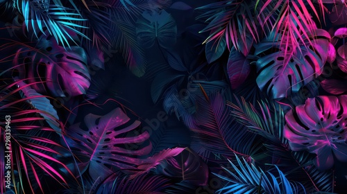 Dark jungle with neon lines and palm leaves night scene for tropical party background