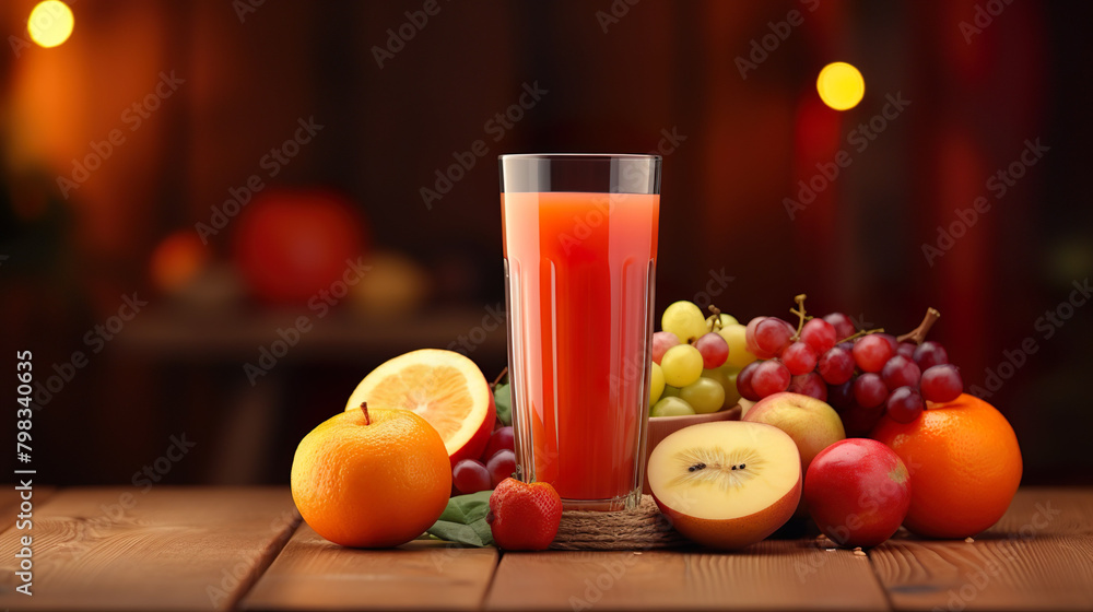 A glass of fresh juice with various fruits arranged around the glass on a brown wooden table on a blurred background. A glass of fresh juice with various fruits arranged around the glass on a brown wooden table on a blurred background.