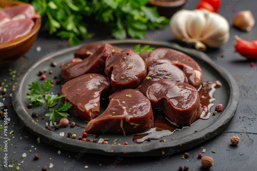 Fresh raw pork meat part segmentation. Offal. Raw meat products, raw liver kidneys, heart on the table Fresh raw pork meat part segmentation. Offal. Raw meat products, raw liver kidneys, heart on the table
