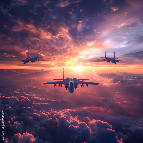fighter jet above the clouds at sunset