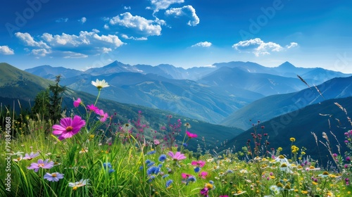 mountain view at beautiful summer sunset with pink rhododendron flowers