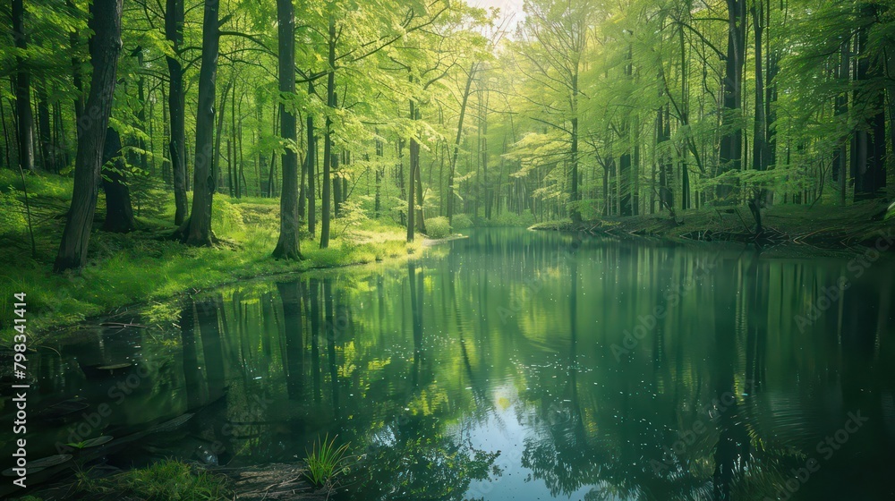 Peaceful forest and pond, spring or summer landscape Peaceful forest and pond, spring or summer landscape