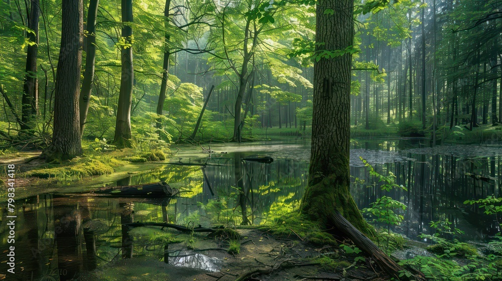 Peaceful forest and pond, spring or summer landscape Peaceful forest and pond, spring or summer landscape