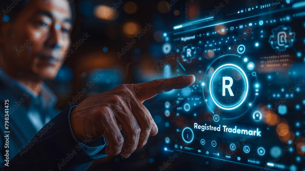 Intellectual Property Management: Business person interacts with a holographic Intellectual Property Management: Business person interacts with a holographic