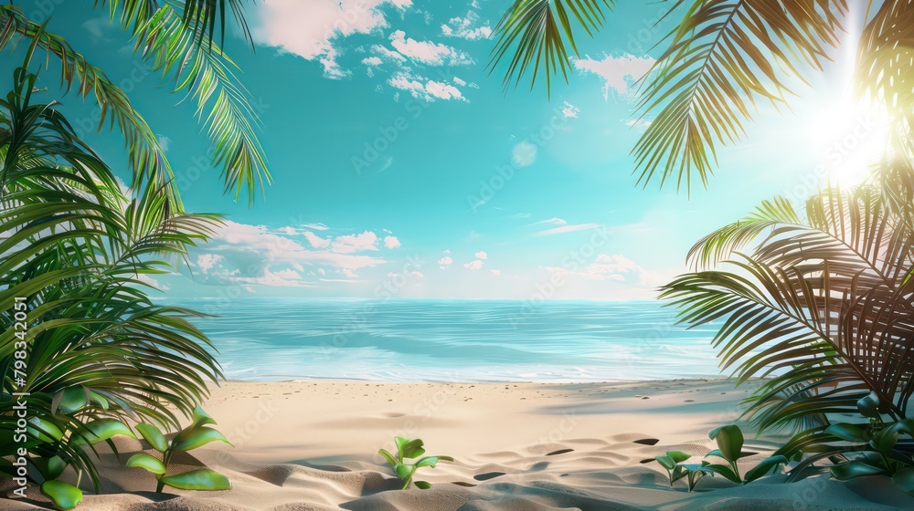 Fototapeta premium Tropical paradise beach, beautiful magical palm trees hanging on the seashore.