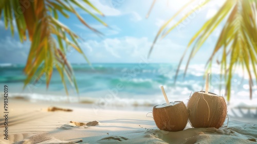 Tropical beach with sea coconut drink on sand, summer holiday background
