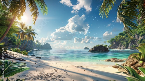 Tropical paradise beach, beautiful magical palm trees hanging on the seashore. photo