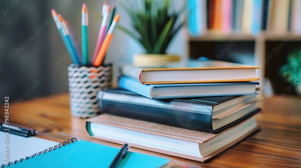 stack of textbooks and notebooks on a desk, symbolizing the anticipation and preparation for a new academic year. stack of textbooks and notebooks on a desk, symbolizing the anticipation and preparation for a new academic year.