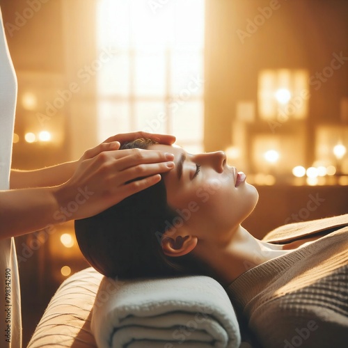 Relaxed woman receiving head massage. Hands of masseuse manually massaging the head of a client. Enjoying scalp treatment at spa. Facial massage in a beauty clinic. Generative AI