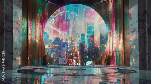 A glitched-out holographic skyline dancing across the circular marble mosaic, reflecting the fragmented reality of the cyberpunk cityscape outside the office window.