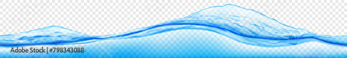 Long translucent water wave above the water column, in light blue colors with seamless horizontal repetition, isolated on transparent background. Transparency only in vector file