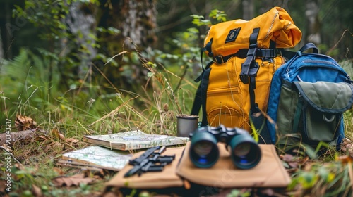 Capture the excitement of outdoor education with camping gear, binoculars, and field guides for nature exploration