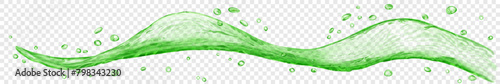 Long translucent water wave or stream with drops, in green colors, isolated on transparent background. Transparency only in vector file