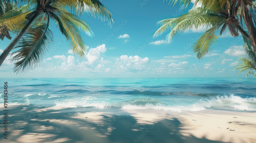 Tropical paradise beach, beautiful magical palm trees hanging on the seashore.