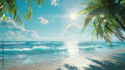 Tropical paradise beach, beautiful magical palm trees hanging on the seashore. photo