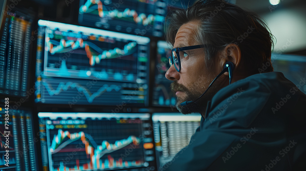 Fototapeta premium Stock trading investor trader broker using crypto exchange platform analyzing chart data on screen. Online investing money in financial market prices indexes analysis and forecast background