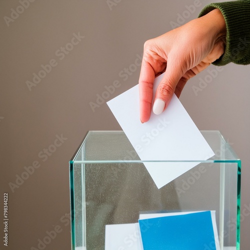 main tenant un bulletin de vote au dessus d'une urne pendant une élection en ia photo