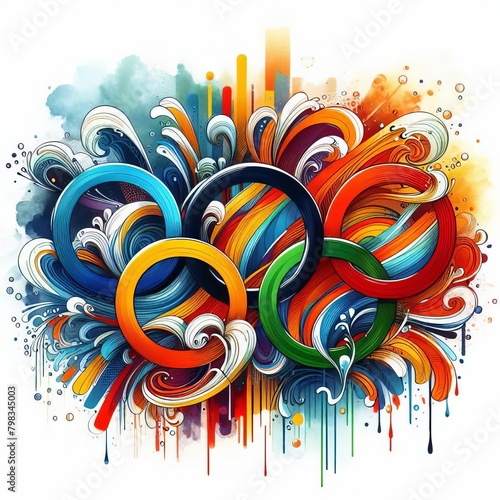 Сolorful background with Olympic rings representing the spirit of the Summer Olympic Games. Swirls and grunge elements. Illustration.