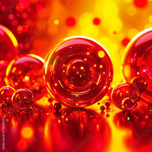 A close-up of several shiny, red glass spheres with bokeh lights in the background, creating a vibrant and colorful scene.