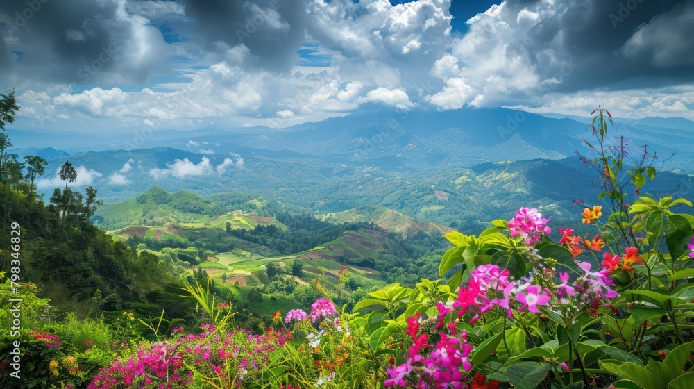 Obraz premium mountain view at beautiful summer sunset with pink rhododendron flowers