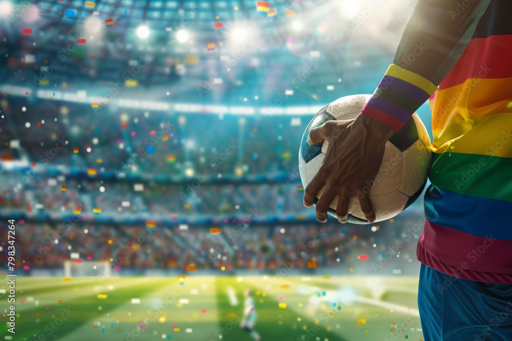 Football soccer player wearing gay pride LGBTQ rainbow flag holding a ball in a stadium - obrazy, fototapety, plakaty 