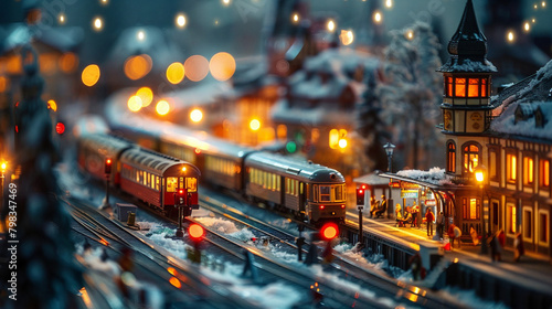 A nighttime scene at a model railway station, illuminated model trains at the platform, passengers in motion, street and station lights creating a warm ambiance. photo